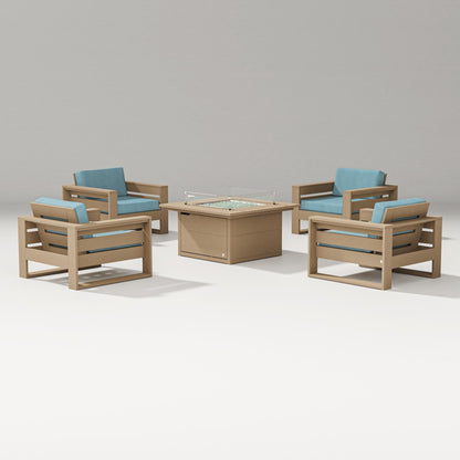 PW Designer Series Latitude 5-Piece Lounge Fire Table Set in Vintage Sahara / Lattice Sky Blue