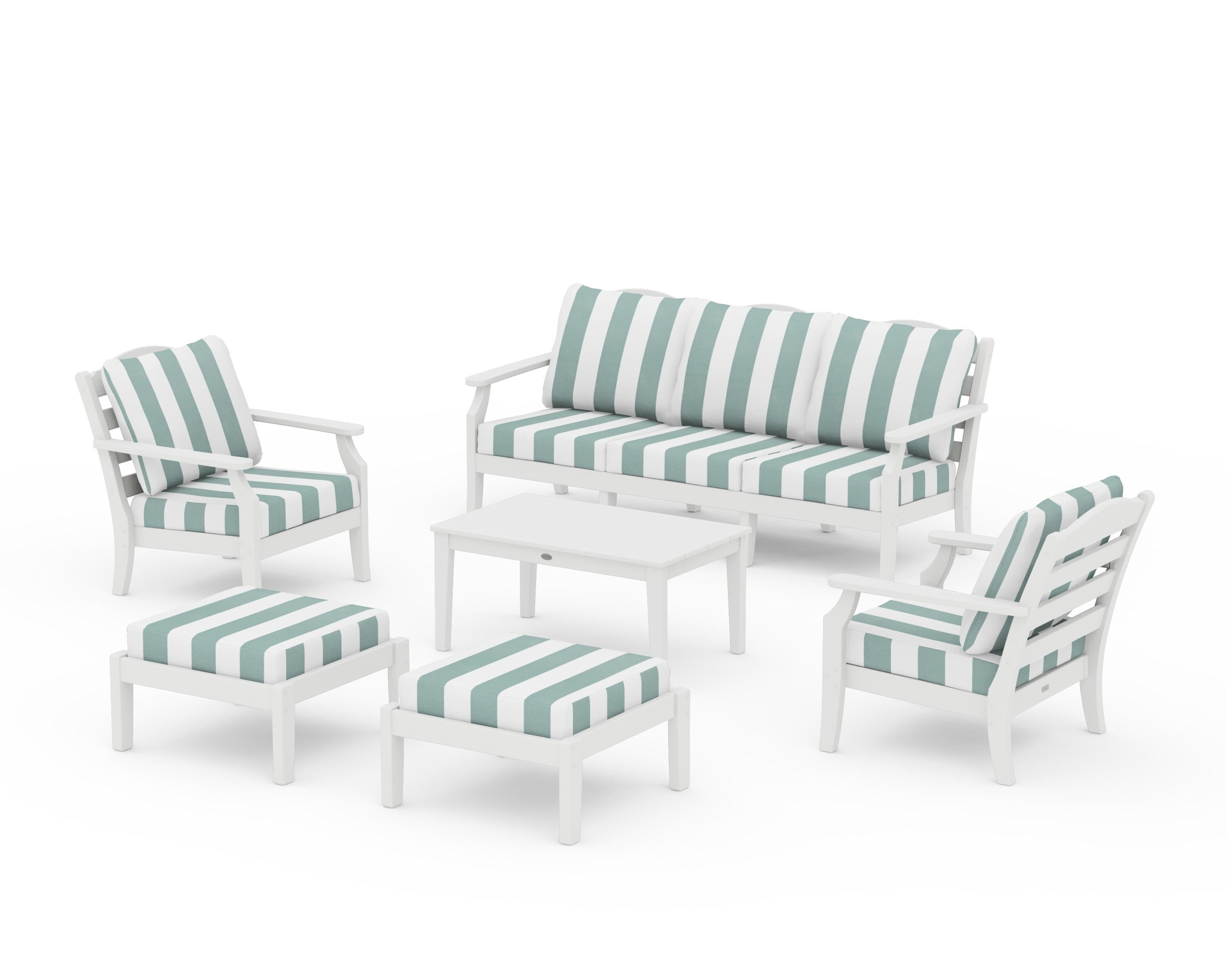 Draper James™ by  POLYWOOD® Savannah 6-Piece Lounge Sofa Set in White / Cabana Stripe Glacier Spa