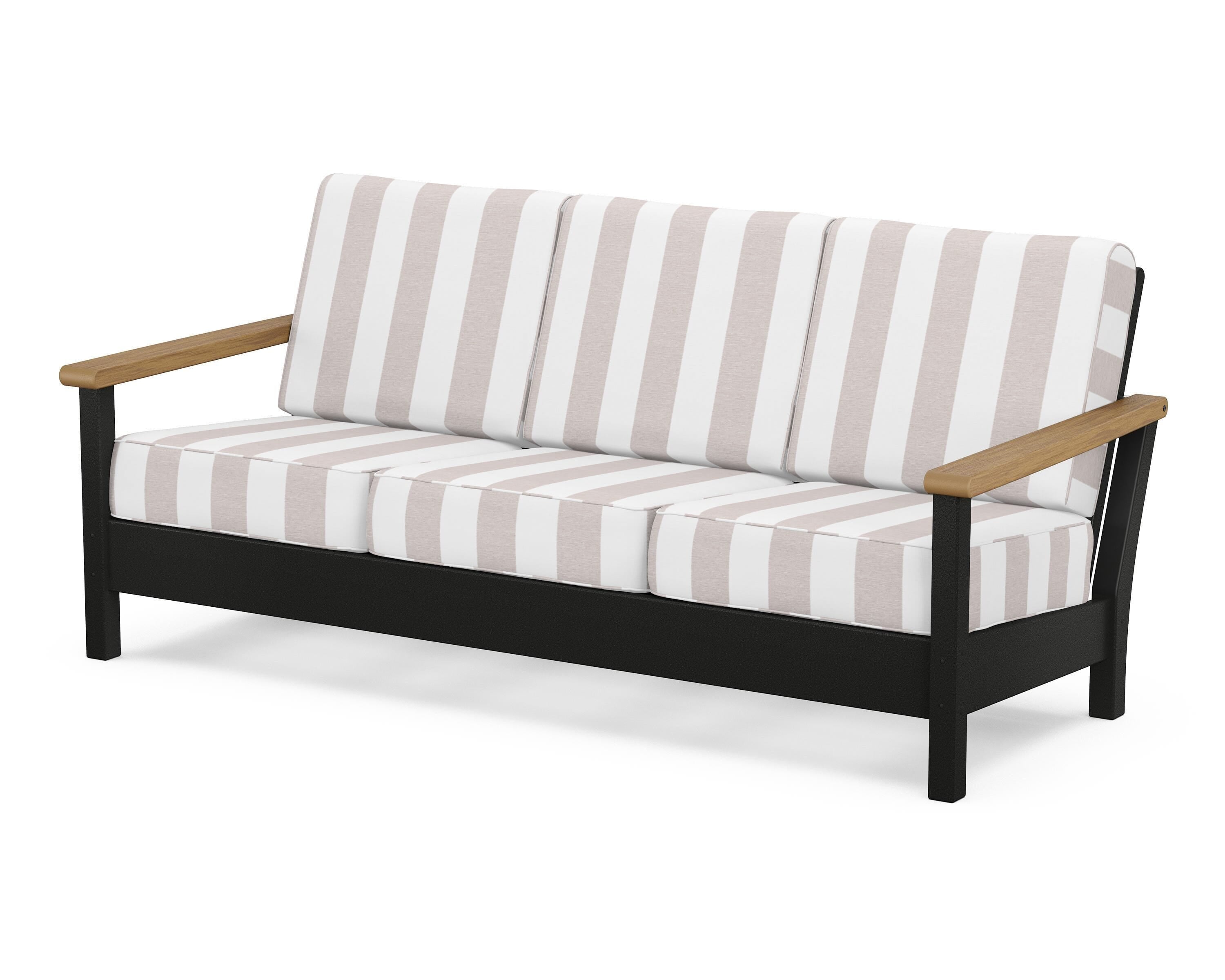 POLYWOOD® Harbour Deep Seating Sofa in Black / Natural / Cabana Stripe Dune Burlap