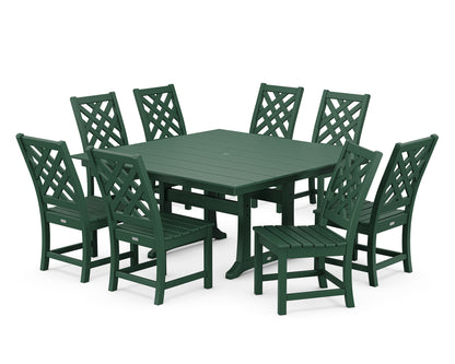Country Living Wovendale Side Chair 9-Piece Square Farmhouse Dining Set with Trestle Legs in Green