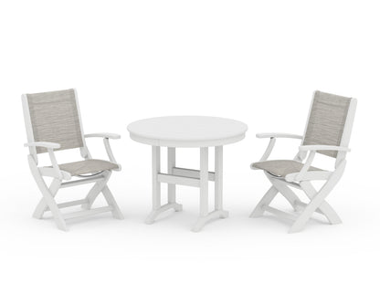 POLYWOOD® Coastal Folding Chair 3-Piece Round Dining Set in White / Birch Sling
