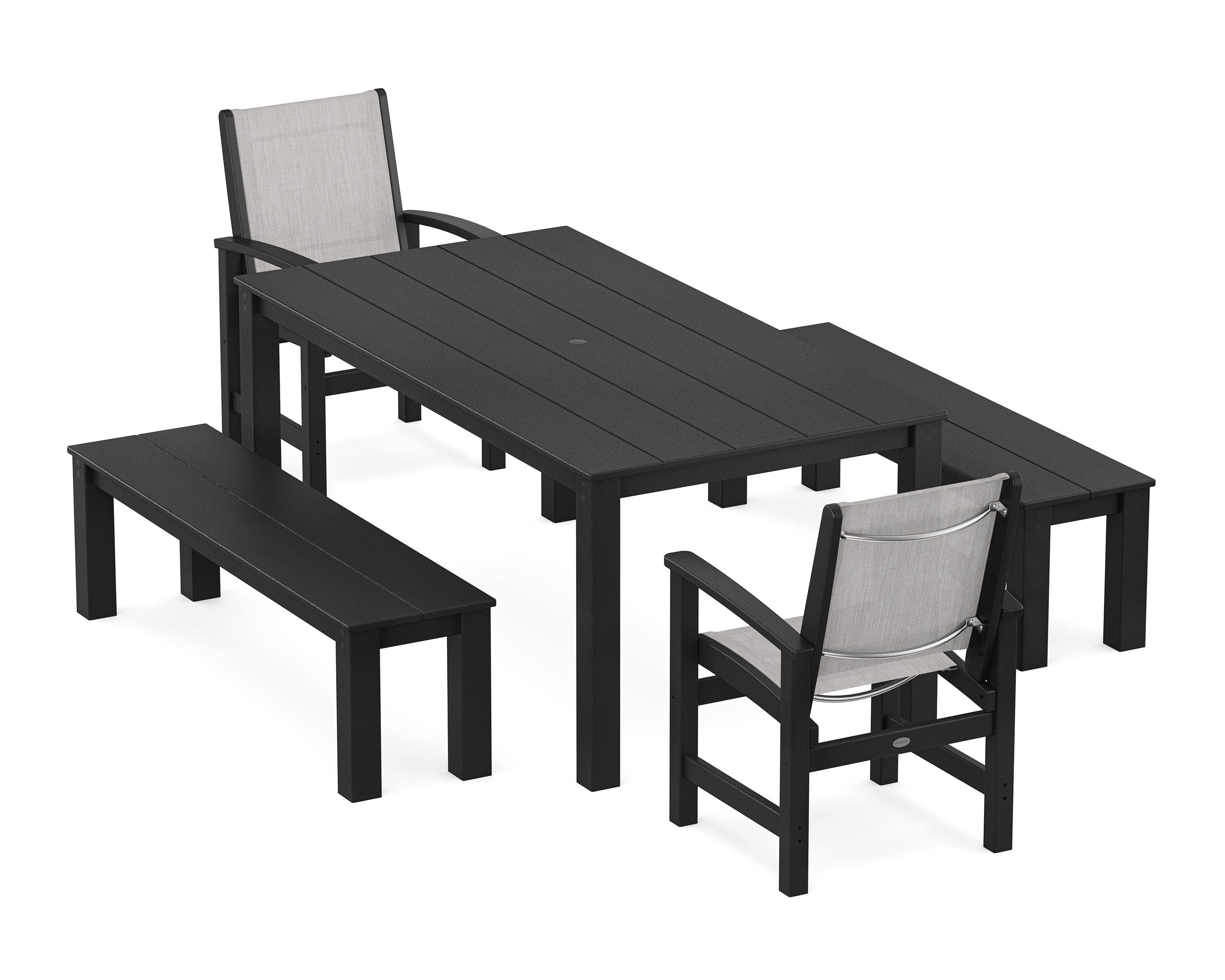POLYWOOD® Coastal 5-Piece Parsons Dining Set with Benches in Black / Parchment Sling
