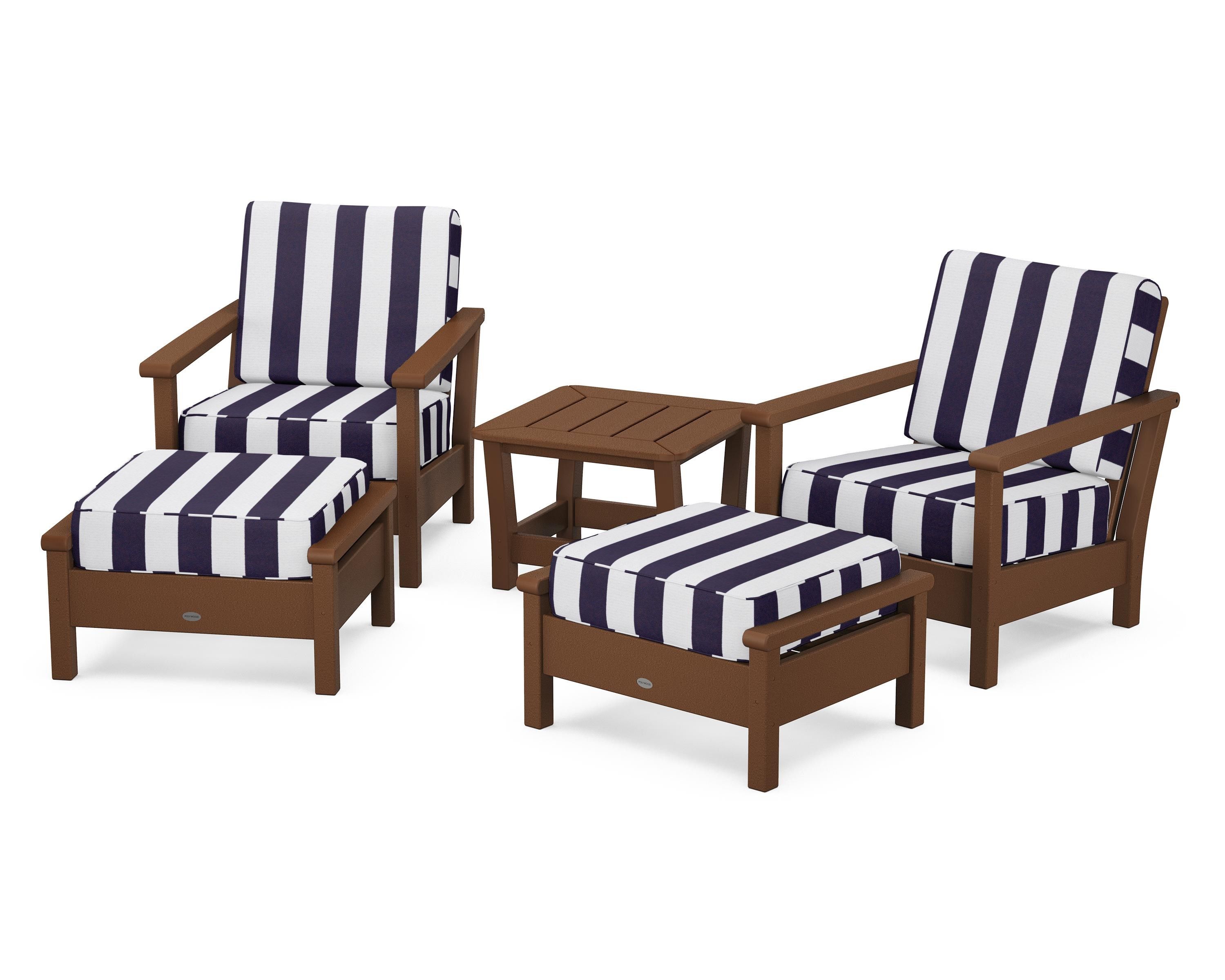 POLYWOOD® Harbour 5-Piece Deep Seating Chair Set in Teak / Cabana Stripe Navy