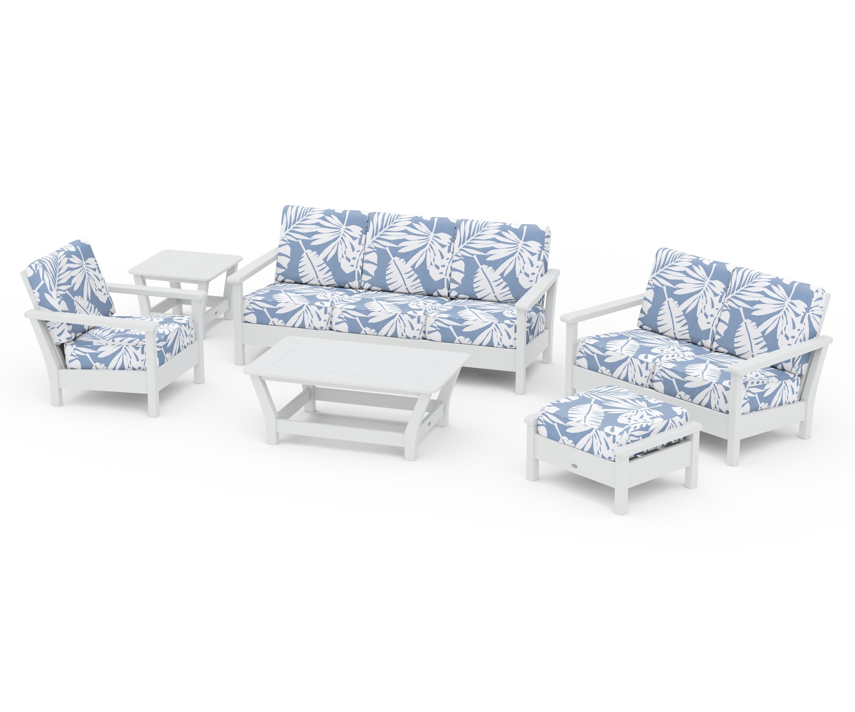 POLYWOOD® Harbour 6-Piece Outdoor Living Set in White / Leaf Sky Blue
