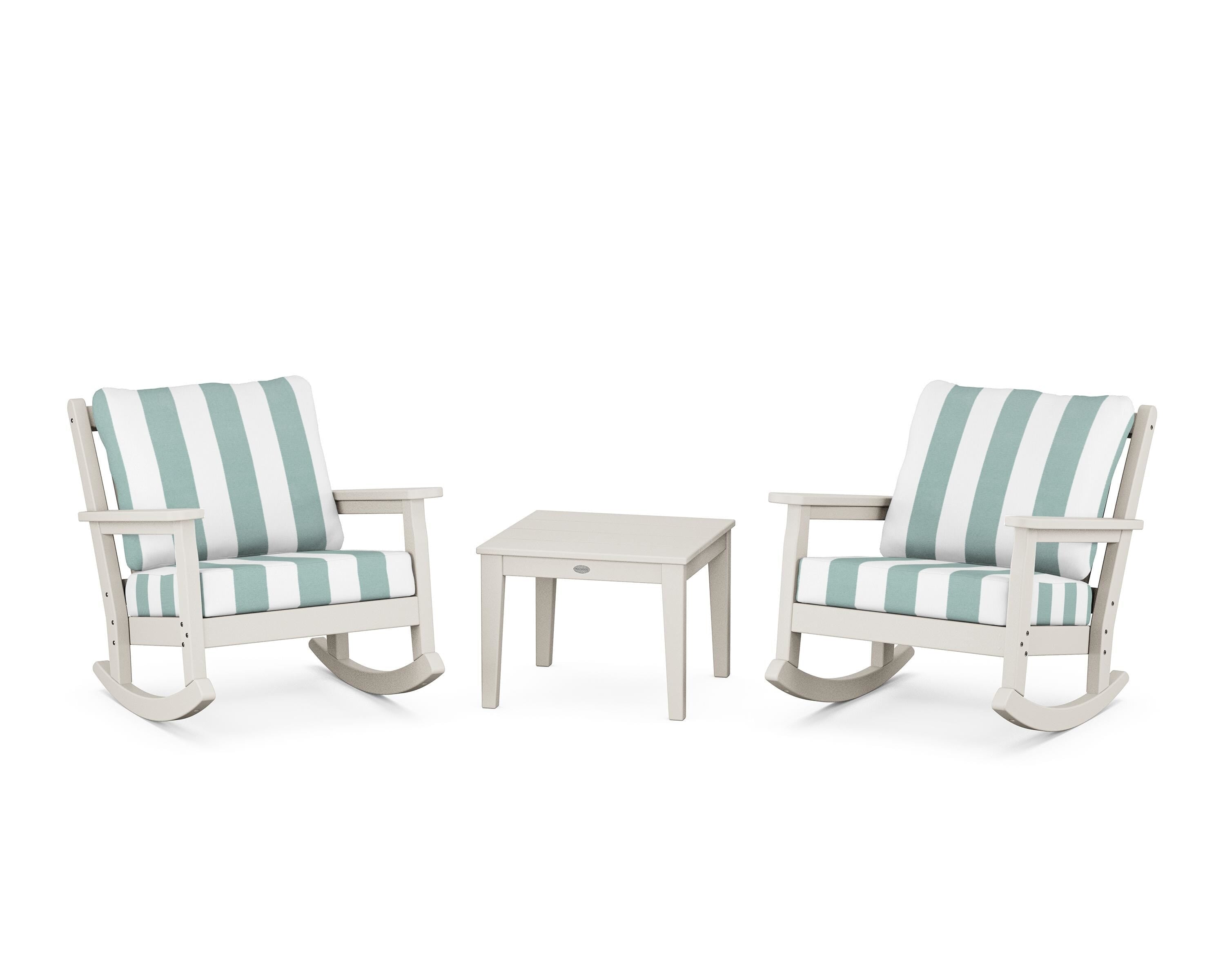 POLYWOOD® Chippendale 3-Piece Deep Seating Rocker Set in Sand / Cabana Stripe Glacier Spa