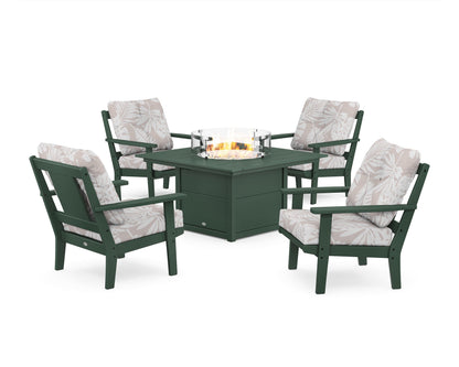 POLYWOOD® Prairie 5-Piece Deep Seating Set with Fire Pit Table in Green / Leaf Dune Burlap