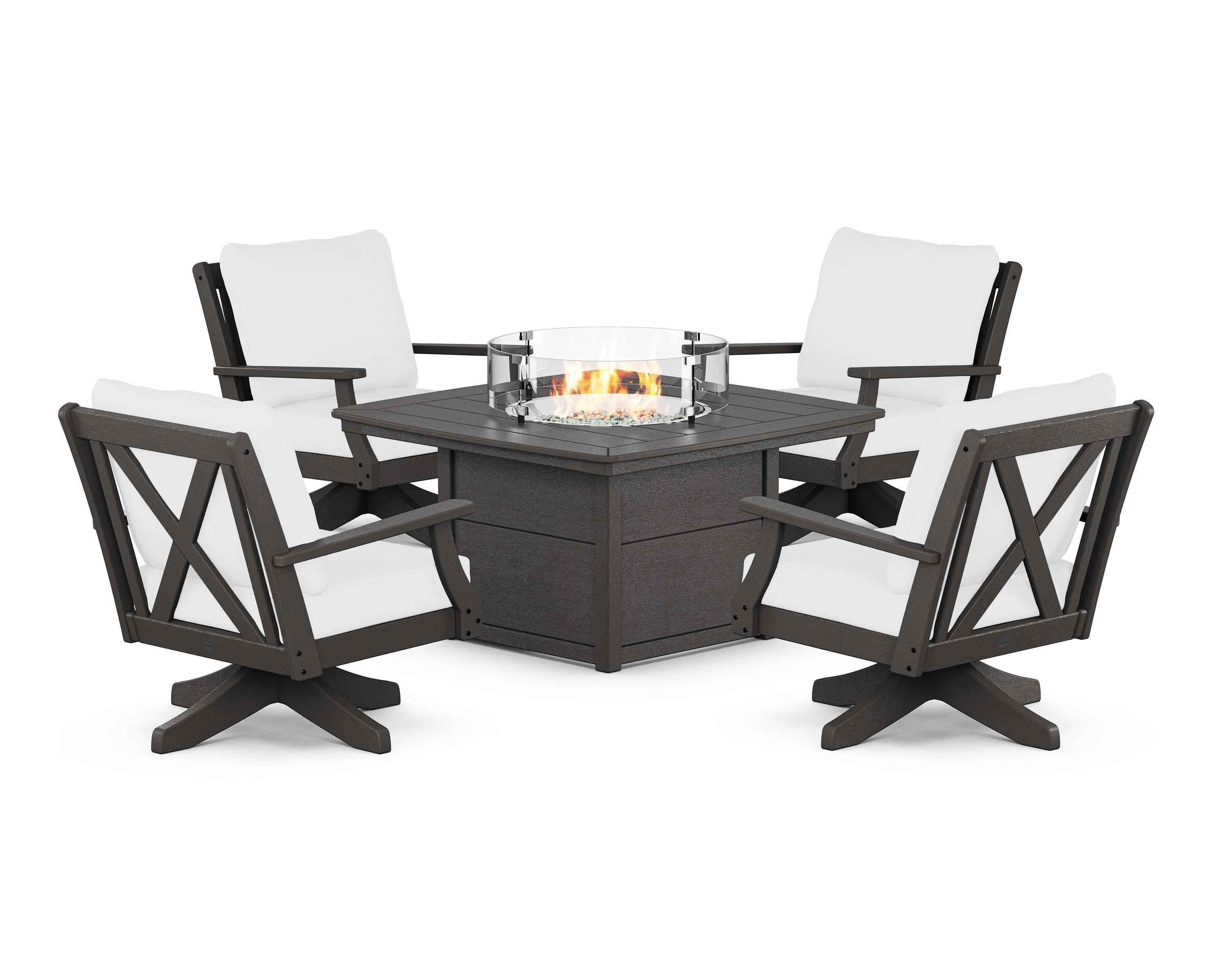 POLYWOOD® Braxton 5-Piece Deep Seating Swivel Conversation Set with Fire Pit Table in Vintage Coffee / Natural