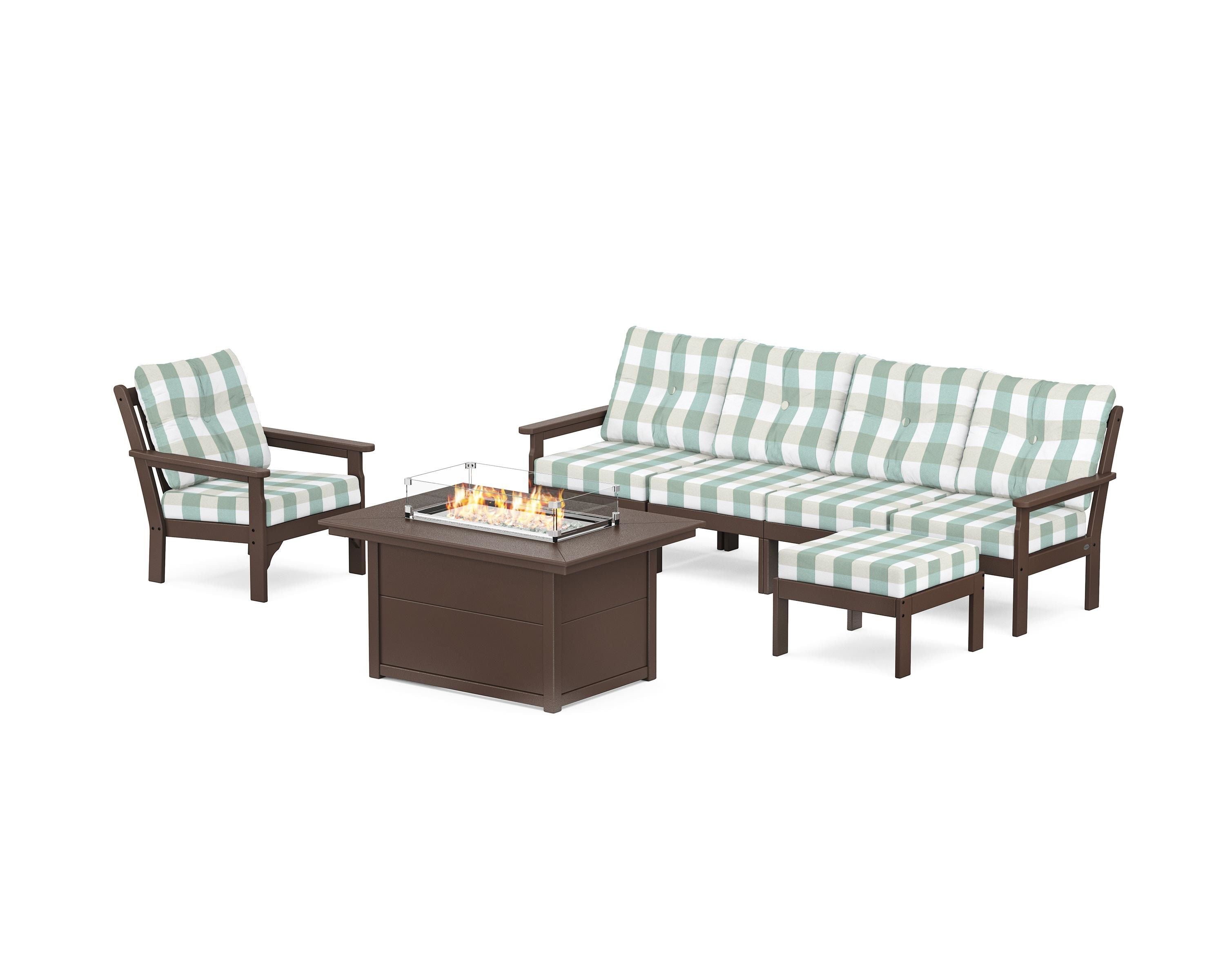 POLYWOOD® Vineyard Sectional Lounge and Fire Pit Set in Mahogany / Buffalo Plaid Glacier Spa