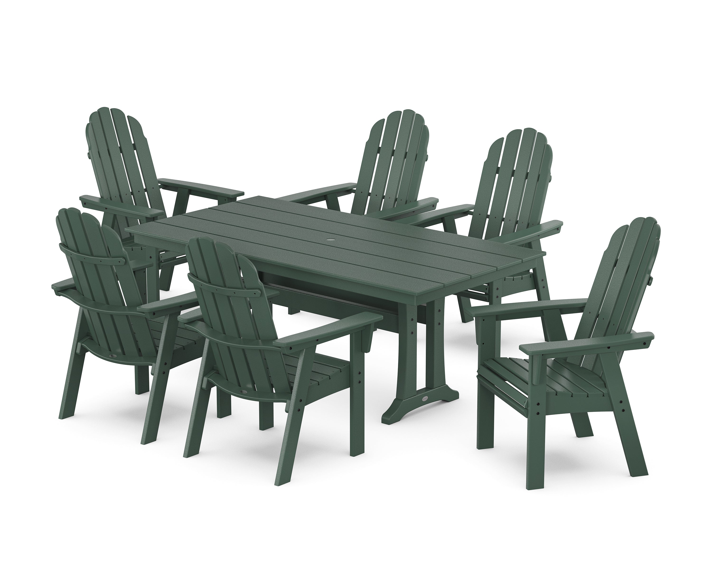 POLYWOOD® Vineyard Curveback Adirondack Chair 7-Piece Farmhouse Dining Set with Trestle Legs in Green