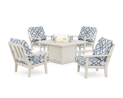 POLYWOOD® Oxford 5-Piece Deep Seating Set with Fire Pit Table in Sand / Trellis Sky Blue