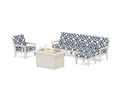 POLYWOOD® Vineyard Sectional Lounge and Fire Pit Set in Sand / Trellis Marine Indigo