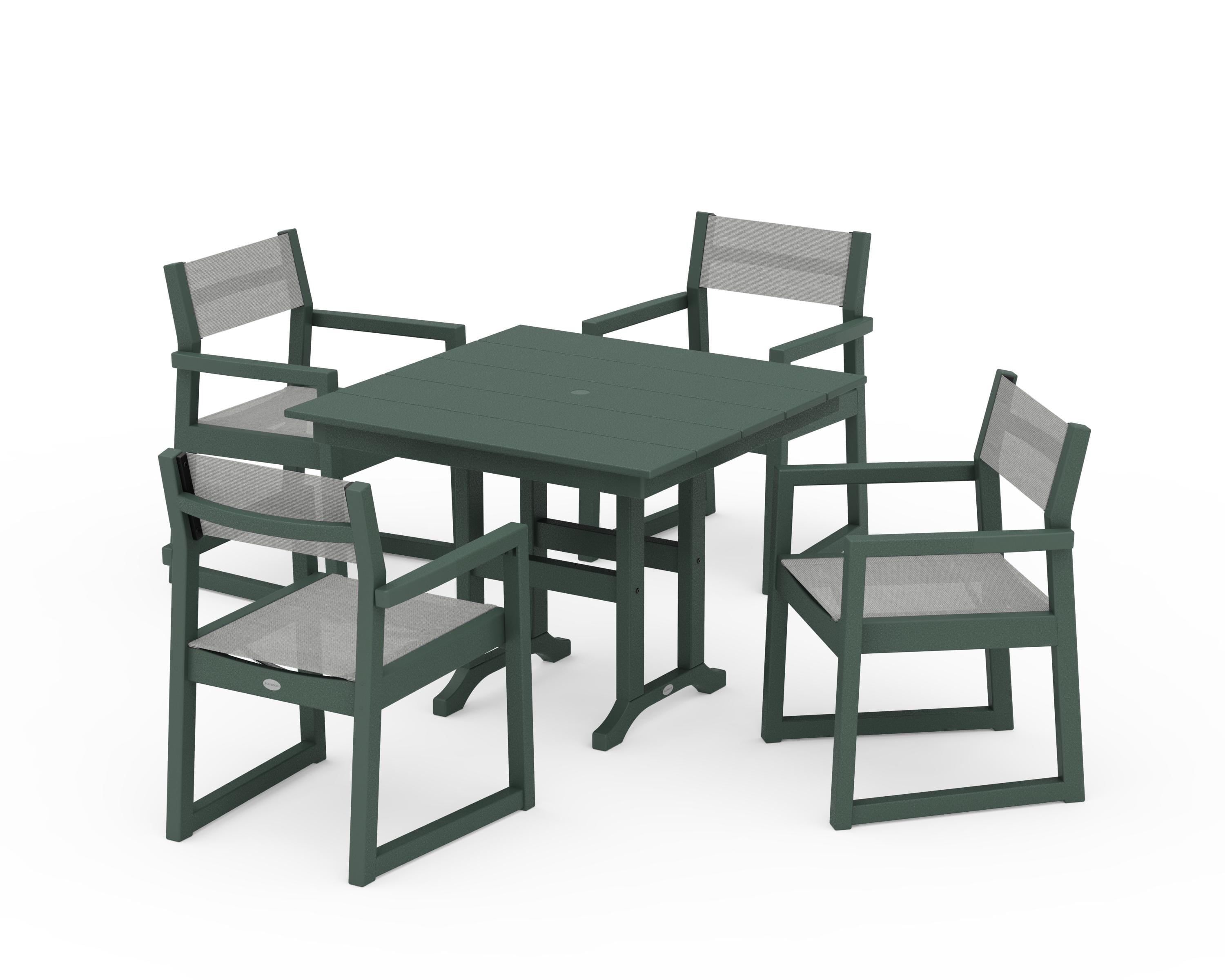 POLYWOOD® EDGE Sling Arm Chair 5-Piece Farmhouse Dining Set in Green / Metallic Sling