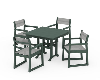 POLYWOOD® EDGE Sling Arm Chair 5-Piece Farmhouse Dining Set in Green / Metallic Sling