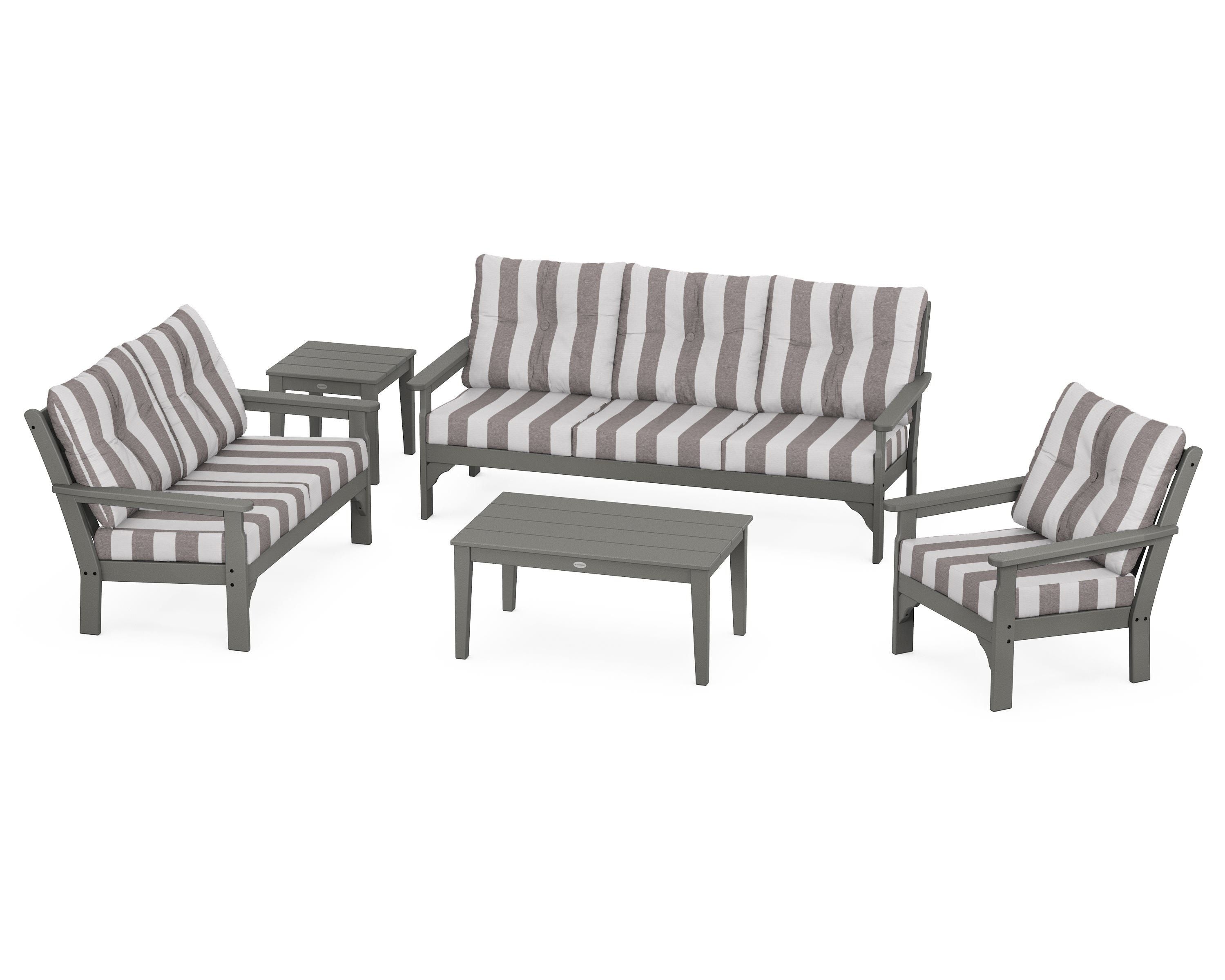 POLYWOOD® Vineyard 5 Piece Deep Seating Set in Slate Grey / Cabana Stripe Grey Mist