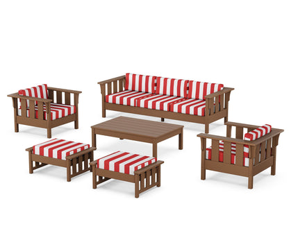 Martha Stewart by POLYWOOD® Acadia 6-Piece Lounge Sofa Set in Teak / Cabana Stripe Crimson