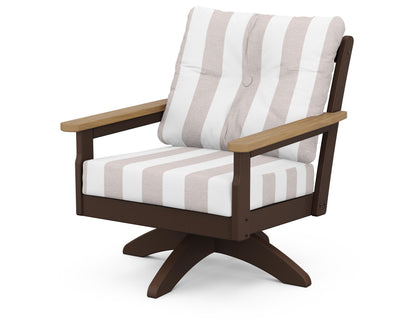 POLYWOOD® Vineyard Deep Seating Swivel Chair in Mahogany / Natural / Cabana Stripe Dune Burlap