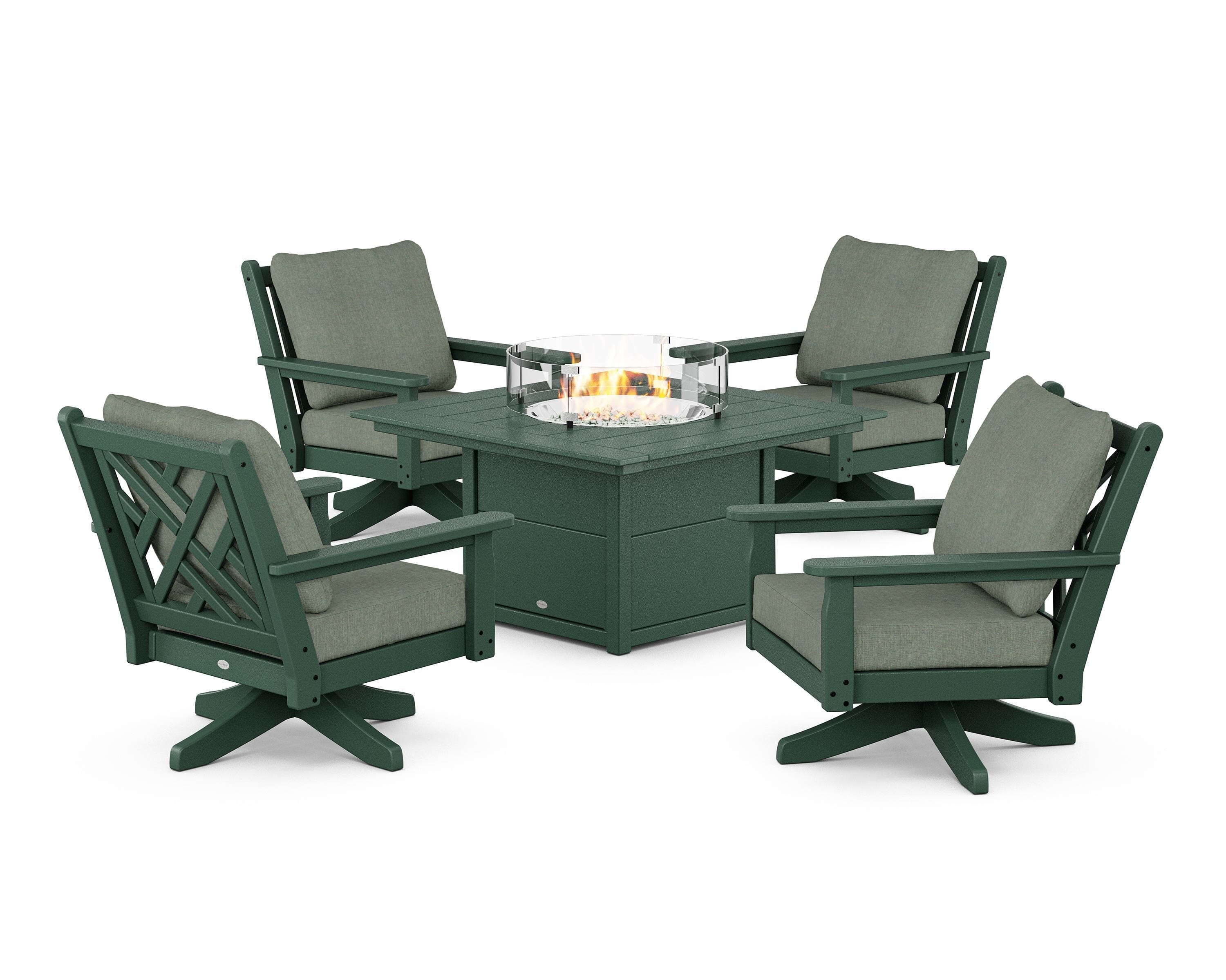 POLYWOOD® Chippendale 5-Piece Deep Seating Swivel Conversation Set with Fire Pit Table in Green / Cast Sage