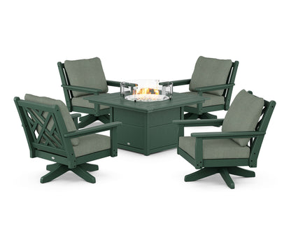 POLYWOOD® Chippendale 5-Piece Deep Seating Swivel Conversation Set with Fire Pit Table in Green / Cast Sage