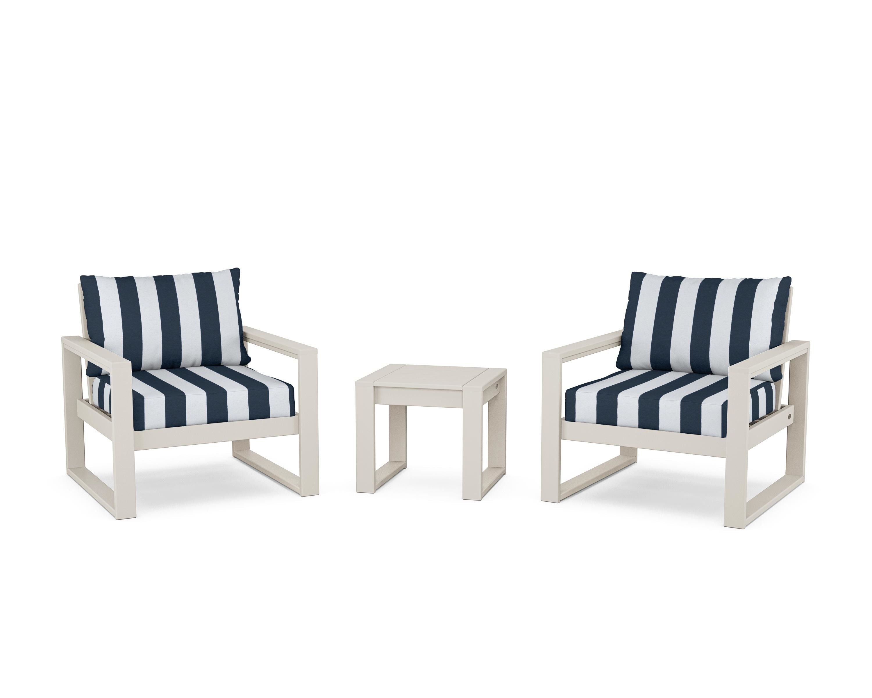 POLYWOOD® EDGE Sectional 3-Piece Deep Seating Set in Sand / Cabana Stripe Marine Indigo