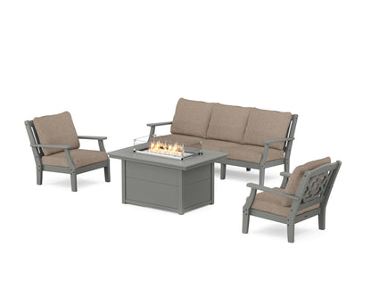 Martha Stewart by POLYWOOD® Chinoiserie Deep Seating Fire Pit Table Set in Slate Grey / Spiced Burlap
