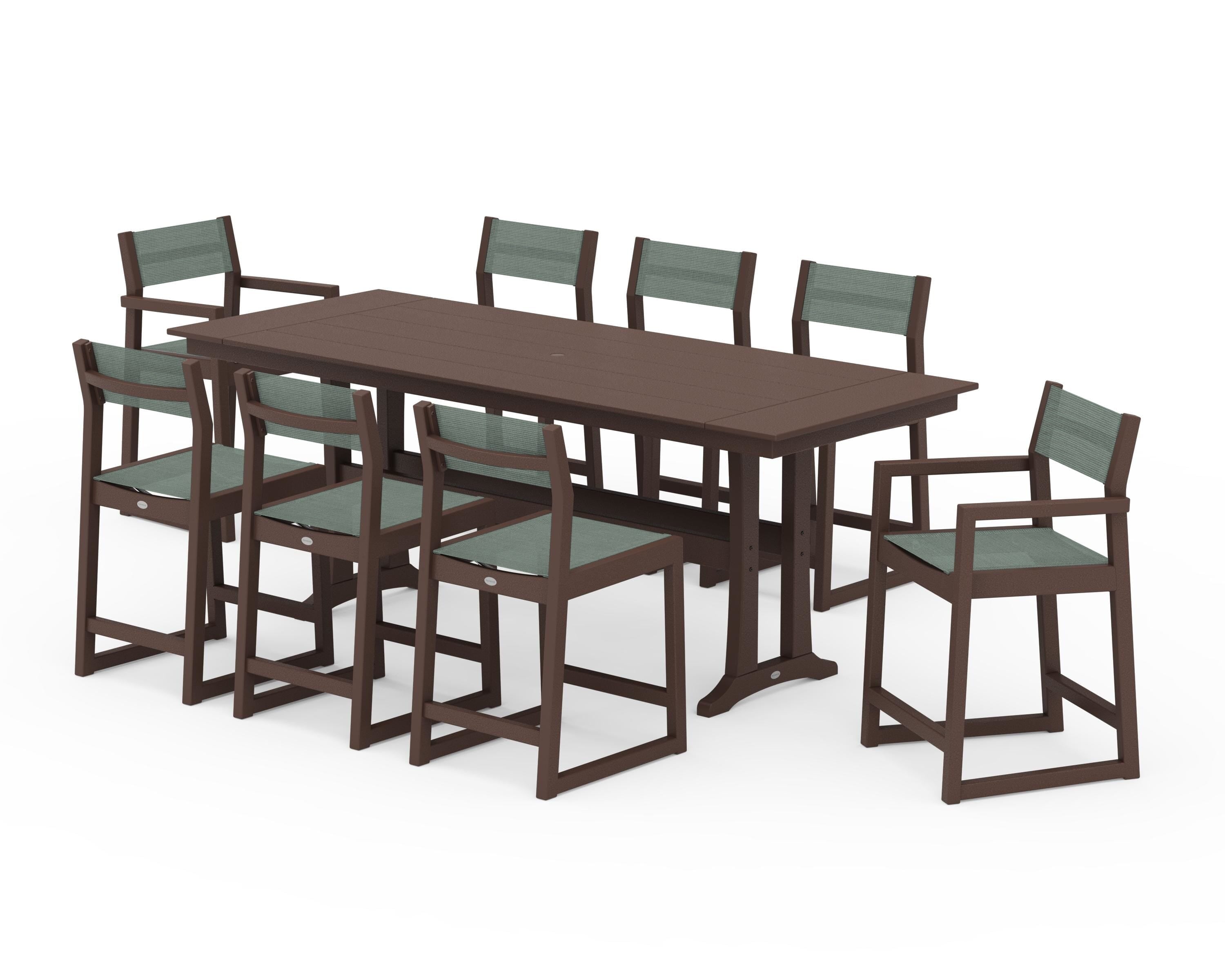 POLYWOOD® EDGE Sling 9-Piece Farmhouse Counter Set with Trestle Legs in Mahogany / Dupioni Sea Mist Sling