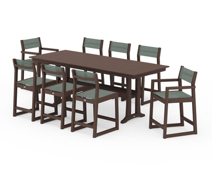 POLYWOOD® EDGE Sling 9-Piece Farmhouse Counter Set with Trestle Legs in Mahogany / Dupioni Sea Mist Sling