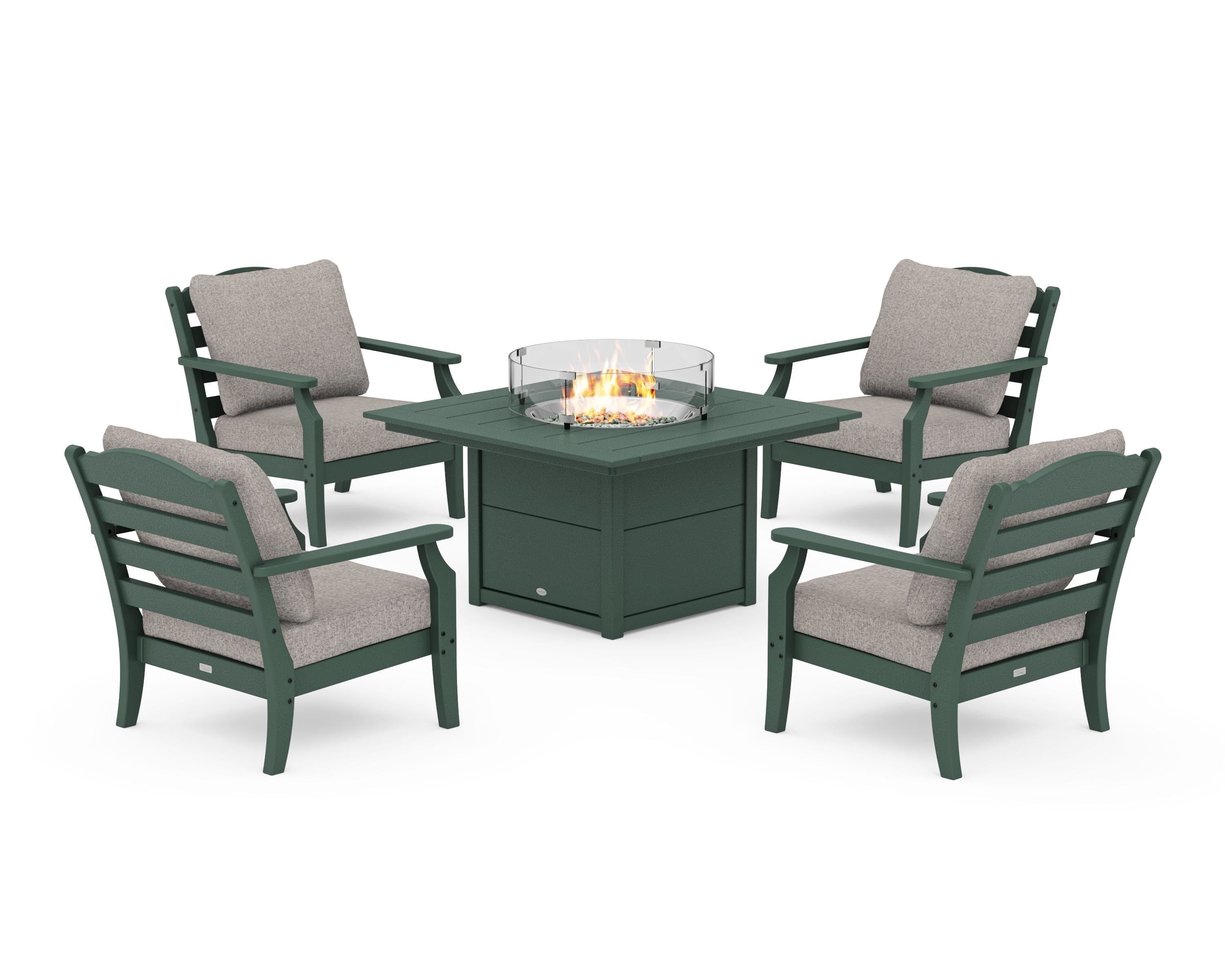 Draper James™ by  POLYWOOD® Savannah 5-Piece Deep Seating Set with Fire Pit Table in Green / Weathered Tweed