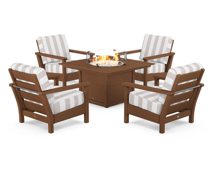 POLYWOOD® Harbour 5-Piece Conversation Set with Fire Pit Table in Teak / Cabana Stripe Dune Burlap