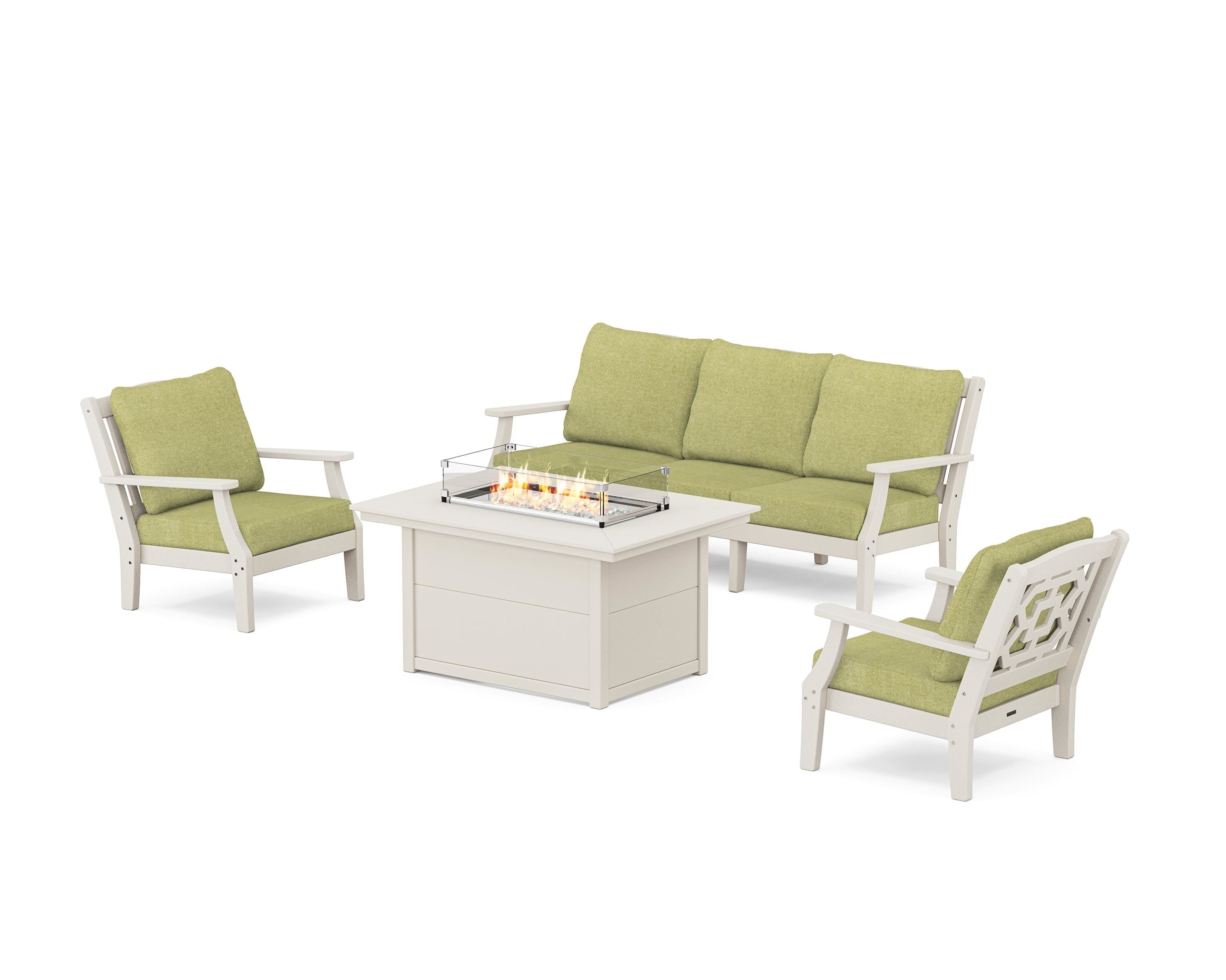 Martha Stewart by POLYWOOD® Chinoiserie Deep Seating Fire Pit Table Set in Sand / Chartreuse Boucle