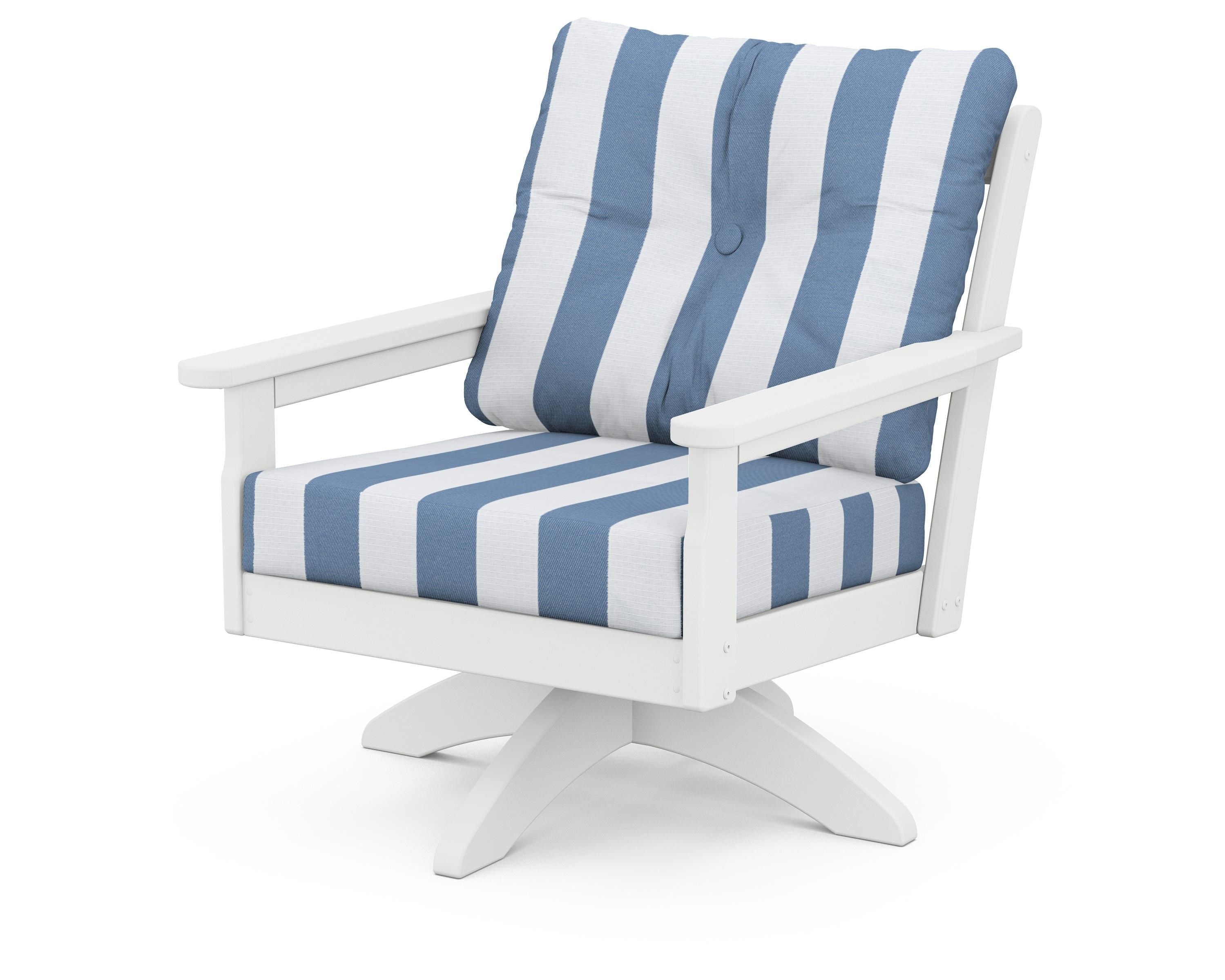 POLYWOOD® Vineyard Deep Seating Swivel Chair in White / Cabana Stripe Sky Blue