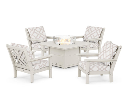 POLYWOOD® Chippendale 5-Piece Deep Seating Set with Fire Pit Table in Sand / Trellis Dune Burlap