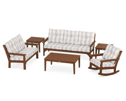 POLYWOOD® Vineyard 6-Piece Deep Seating Set in Teak / Buffalo Plaid Dune Burlap