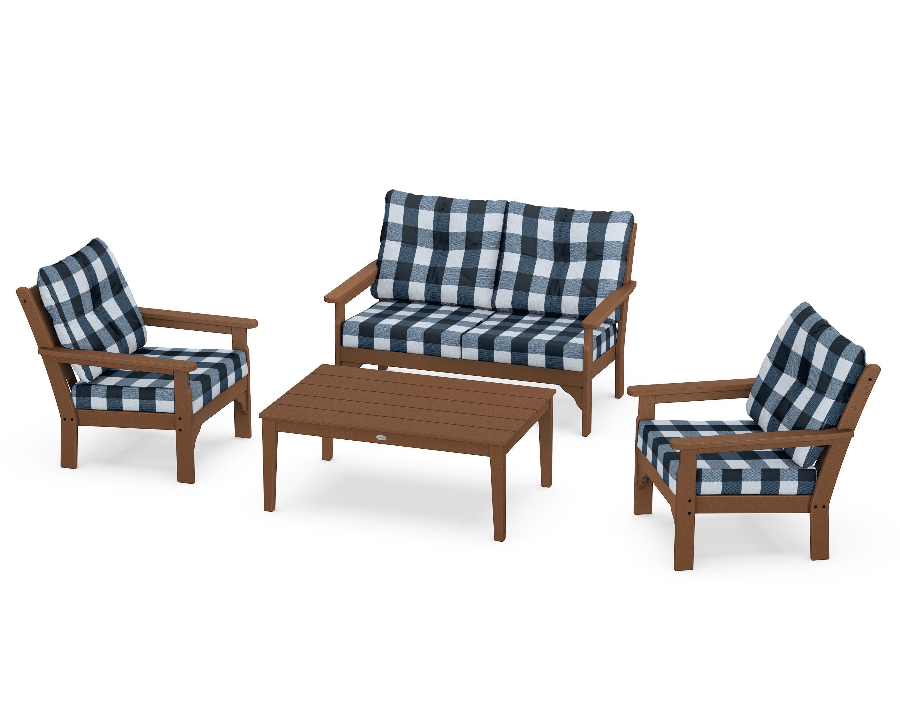 POLYWOOD® Vineyard 4-Piece Deep Seating Set in Teak / Buffalo Plaid Marine Indigo