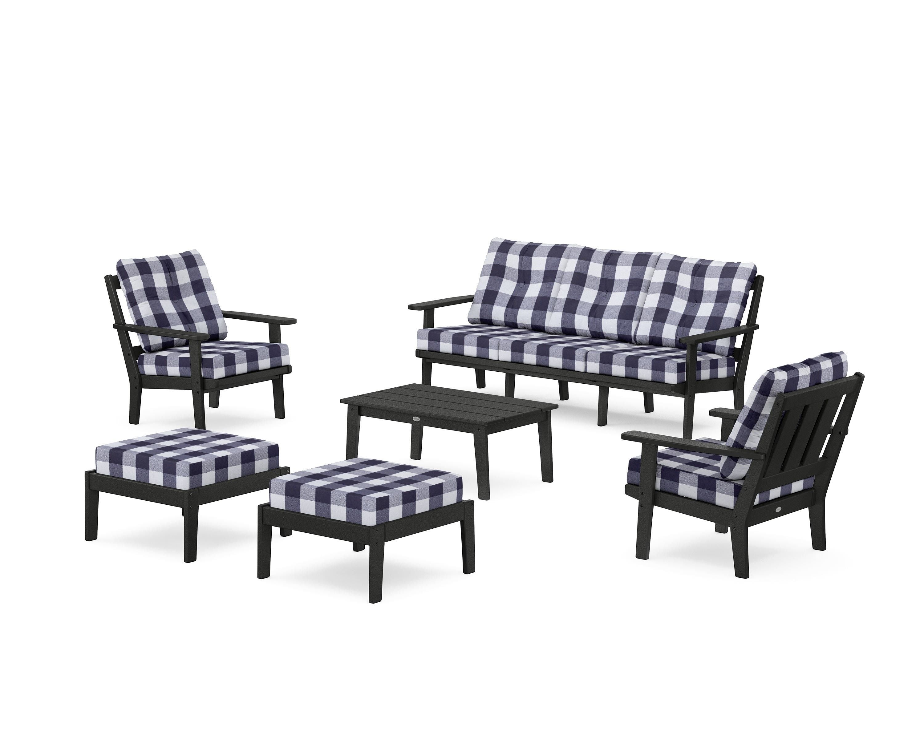 POLYWOOD® Oxford 6-Piece Lounge Sofa Set in Black / Buffalo Plaid Navy