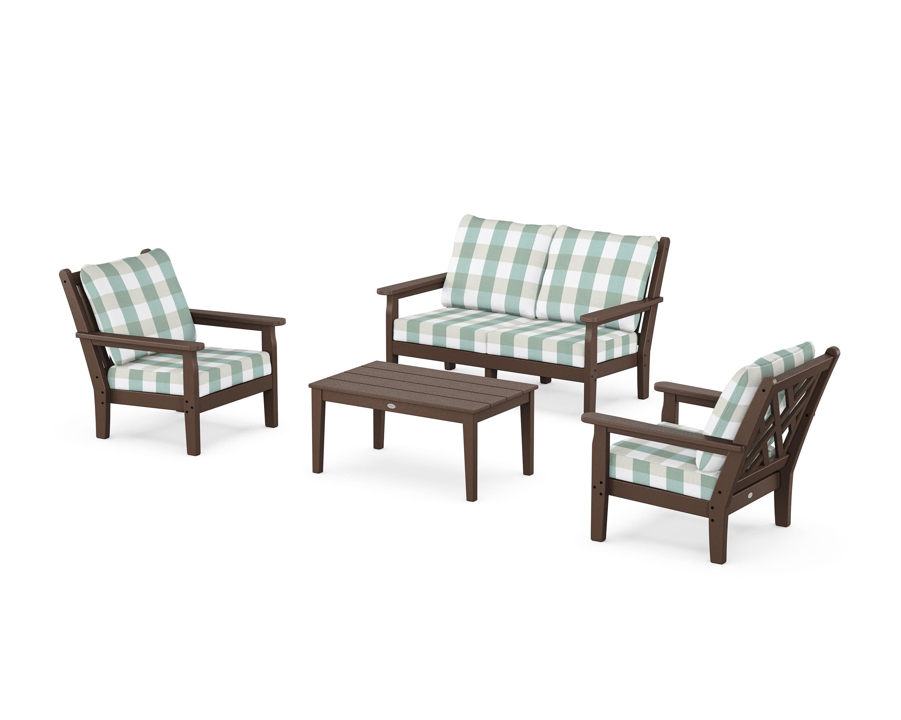 POLYWOOD® Chippendale 4-Piece Deep Seating Set with Loveseat in Mahogany / Buffalo Plaid Glacier Spa