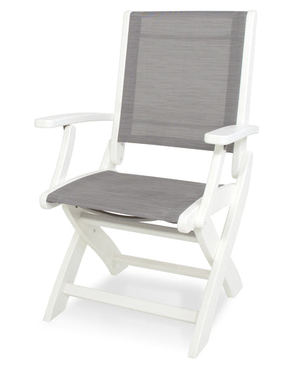 POLYWOOD® Coastal Folding Chair in White / Metallic Sling