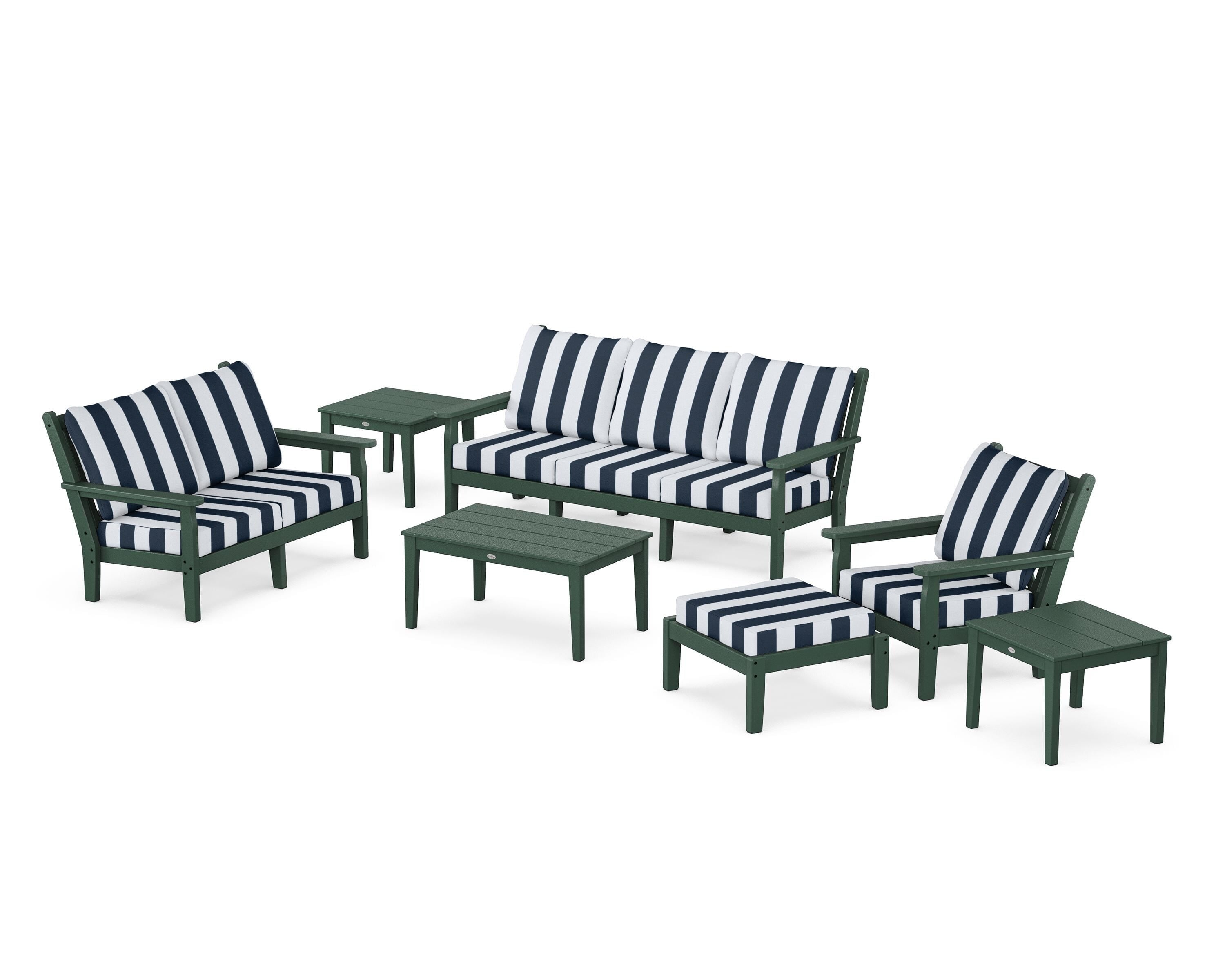 POLYWOOD® Chippendale 7-Piece Deep Seating Set in Green / Cabana Stripe Marine Indigo