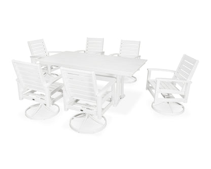 POLYWOOD® 7 Piece Signature Swivel Rocker Dining Set in Satin White / White