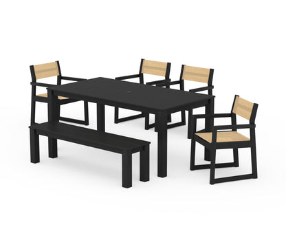 POLYWOOD® EDGE Sling Arm Chair 6-Piece Parsons Dining Set with Bench in Black / Dupioni Apricot Sling
