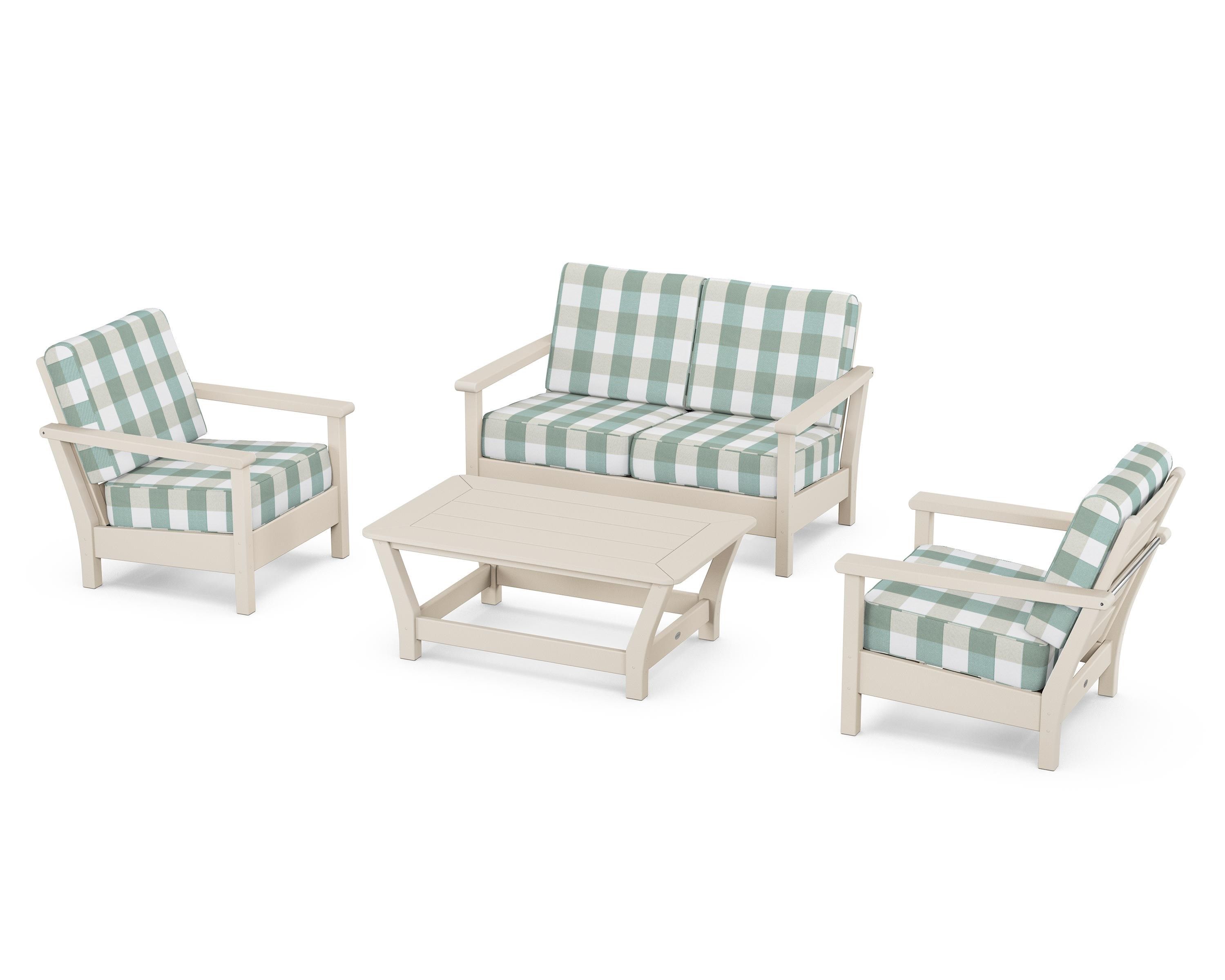 POLYWOOD® Harbour 4-Piece Deep Seating Set in Sand / Buffalo Plaid Glacier Spa