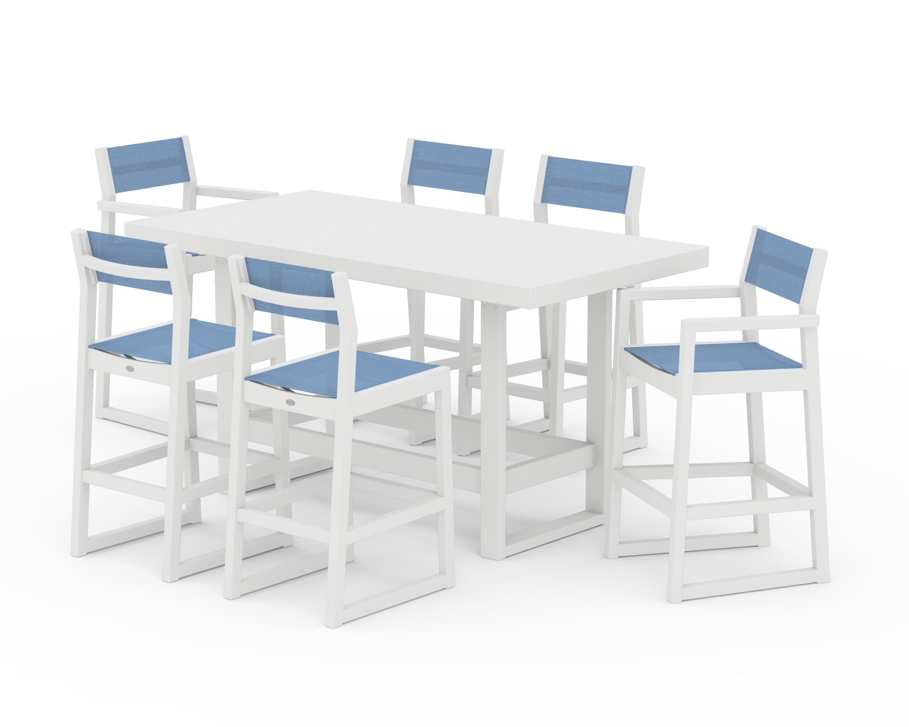 POLYWOOD® EDGE Sling 7-Piece Bar Table Set in White / Poolside Sling