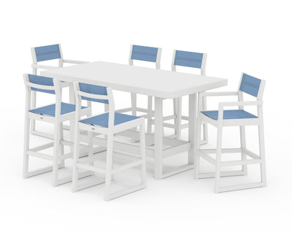 POLYWOOD® EDGE Sling 7-Piece Bar Table Set in White / Poolside Sling