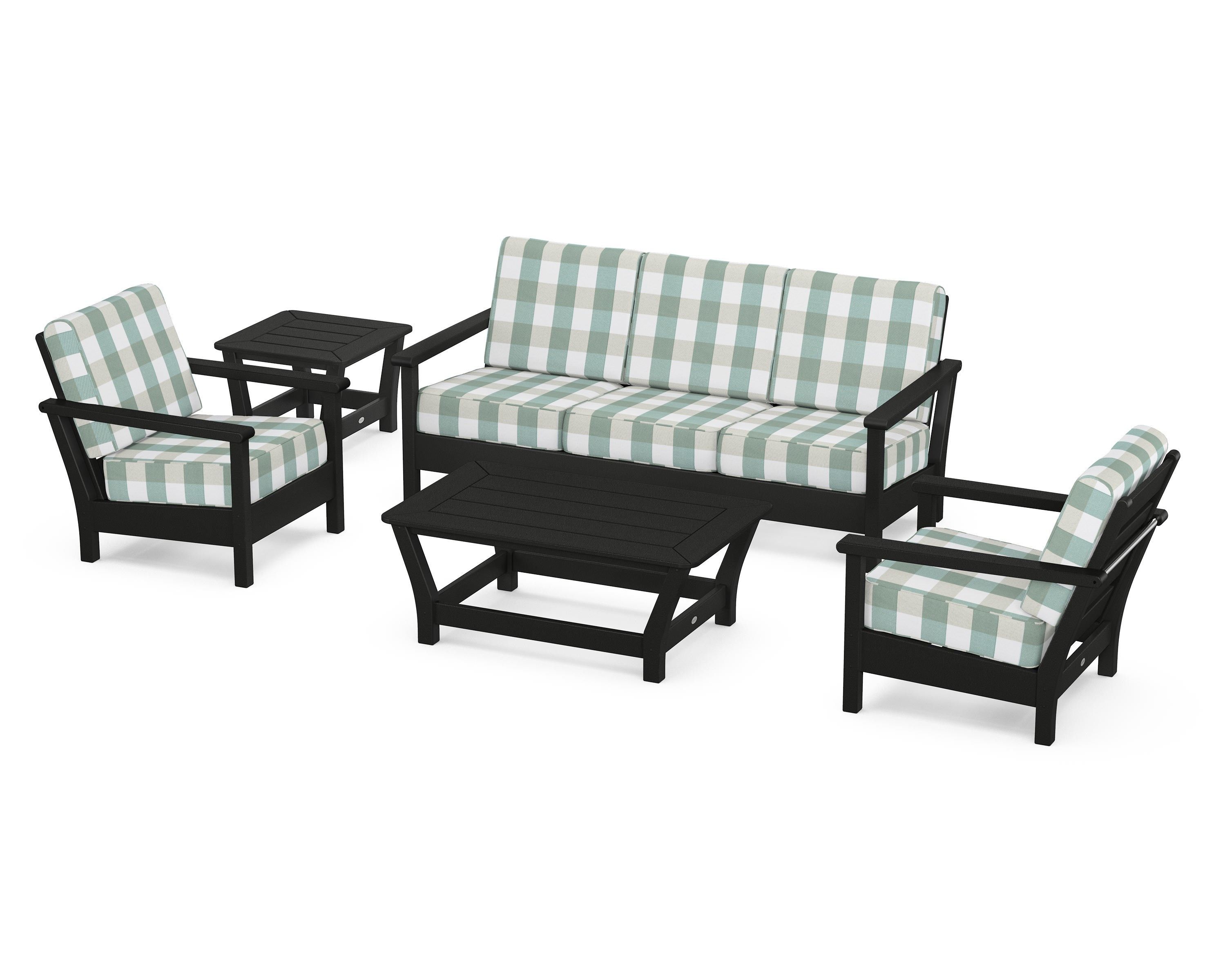 POLYWOOD® Harbour 5-Piece Deep Seating Set in Black / Buffalo Plaid Glacier Spa