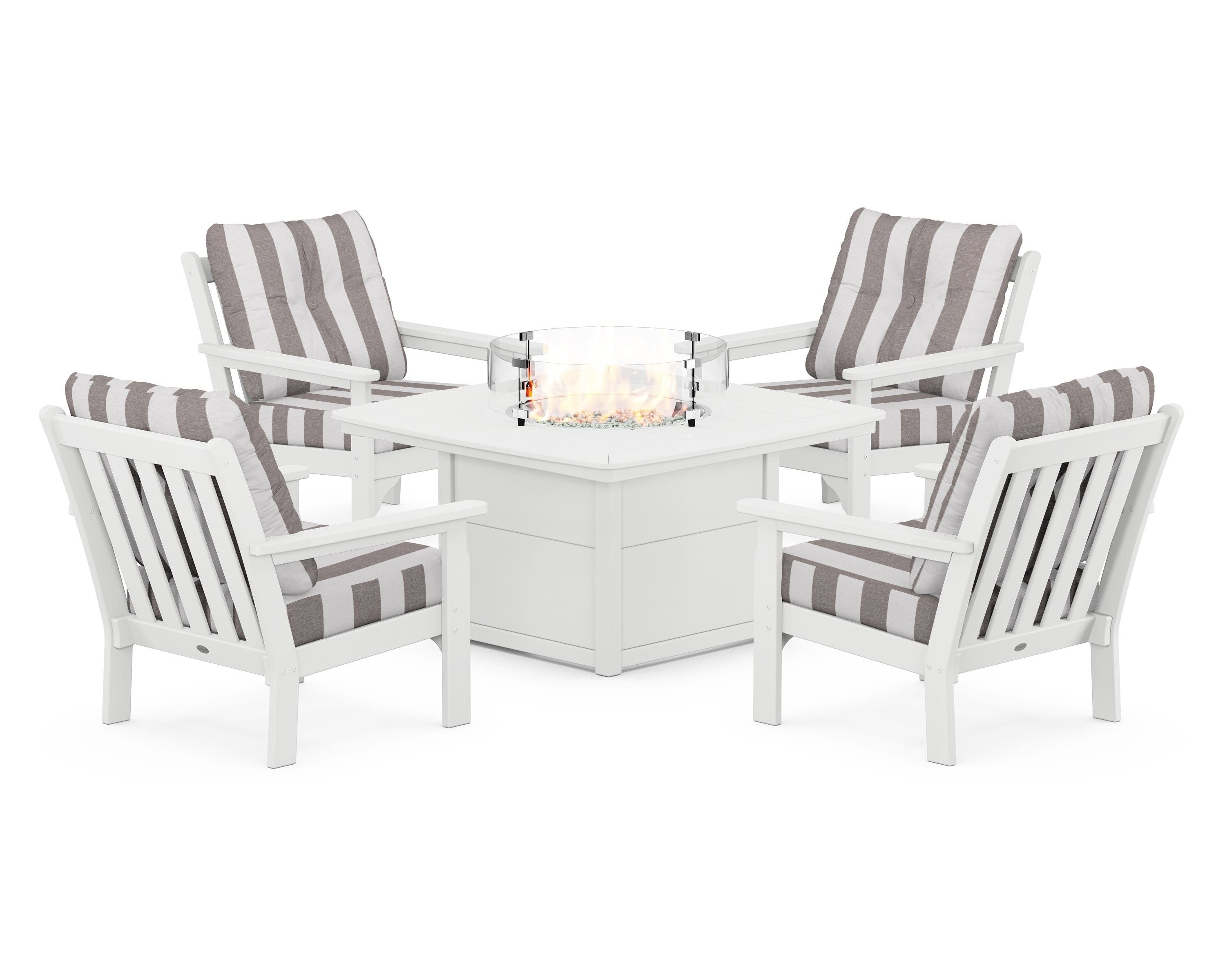 POLYWOOD® Vineyard 5-Piece Conversation Set with Fire Pit Table in White / Cabana Stripe Grey Mist