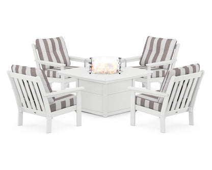POLYWOOD® Vineyard 5-Piece Conversation Set with Fire Pit Table in White / Cabana Stripe Grey Mist