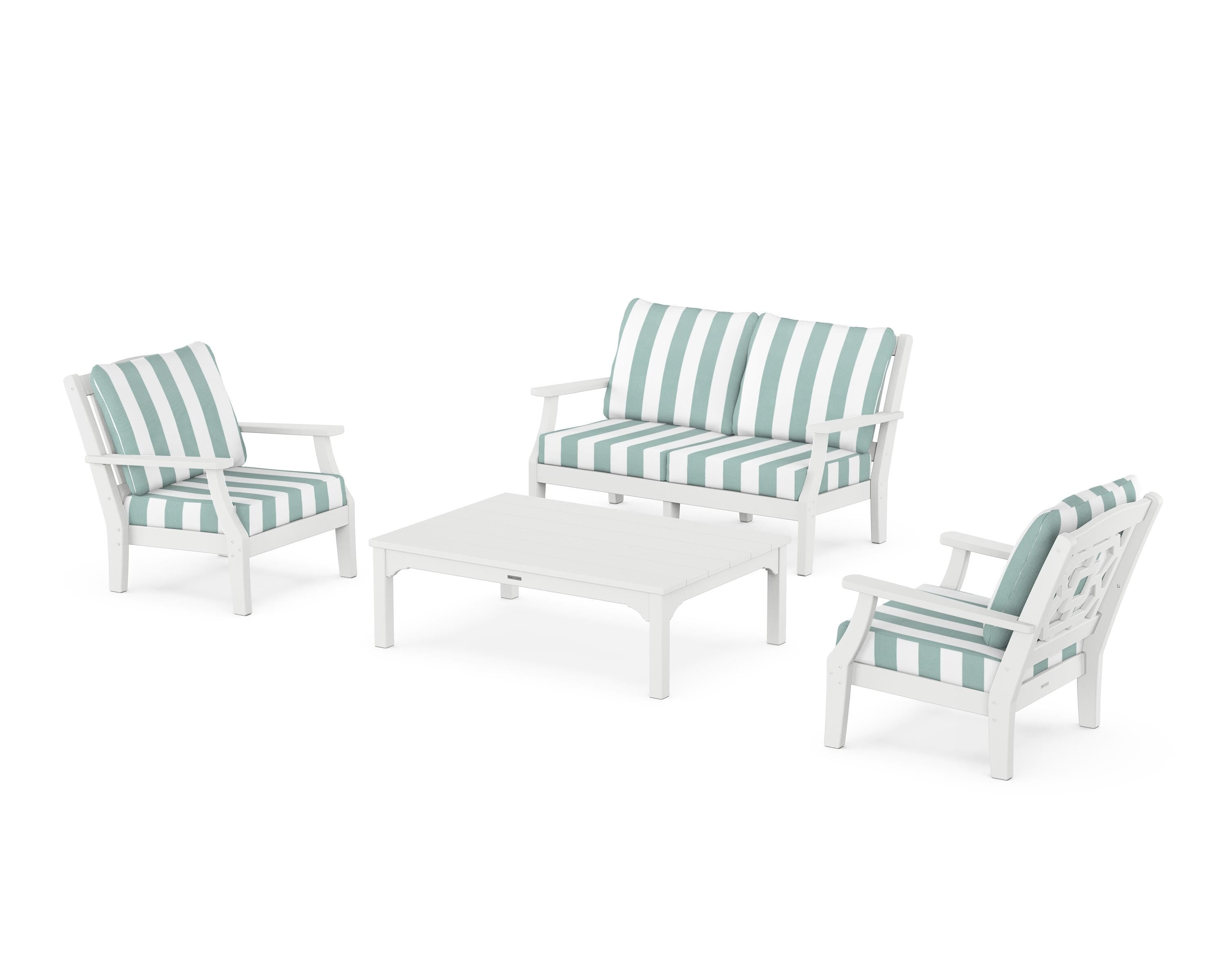 Martha Stewart by POLYWOOD® Chinoiserie 4-Piece Deep Seating Set with Loveseat in White / Cabana Stripe Glacier Spa