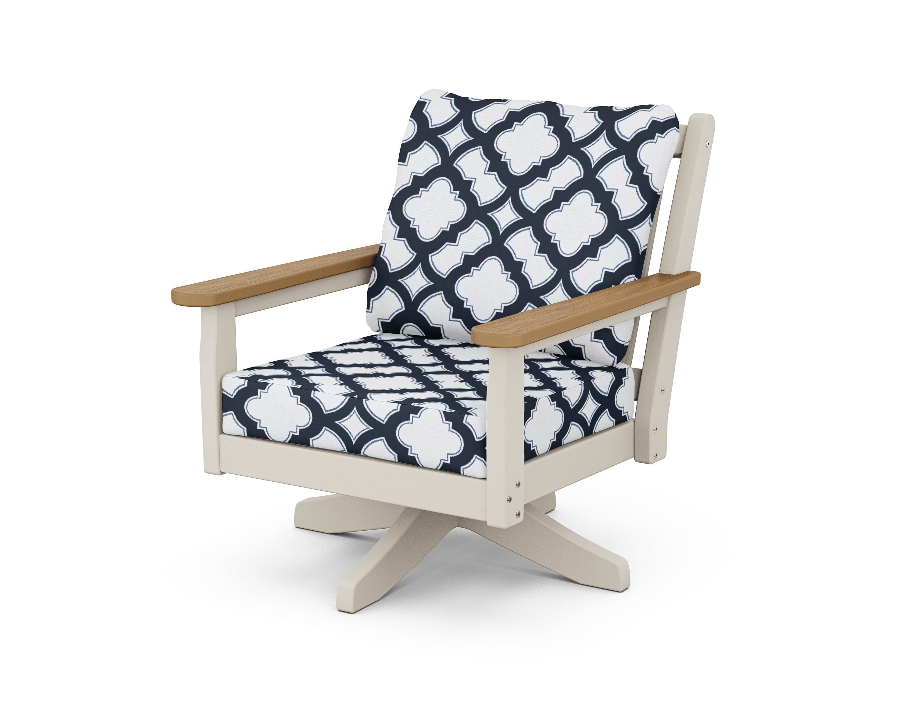 POLYWOOD® Chippendale Deep Seating Swivel Chair in Sand / Natural / Trellis Marine Indigo