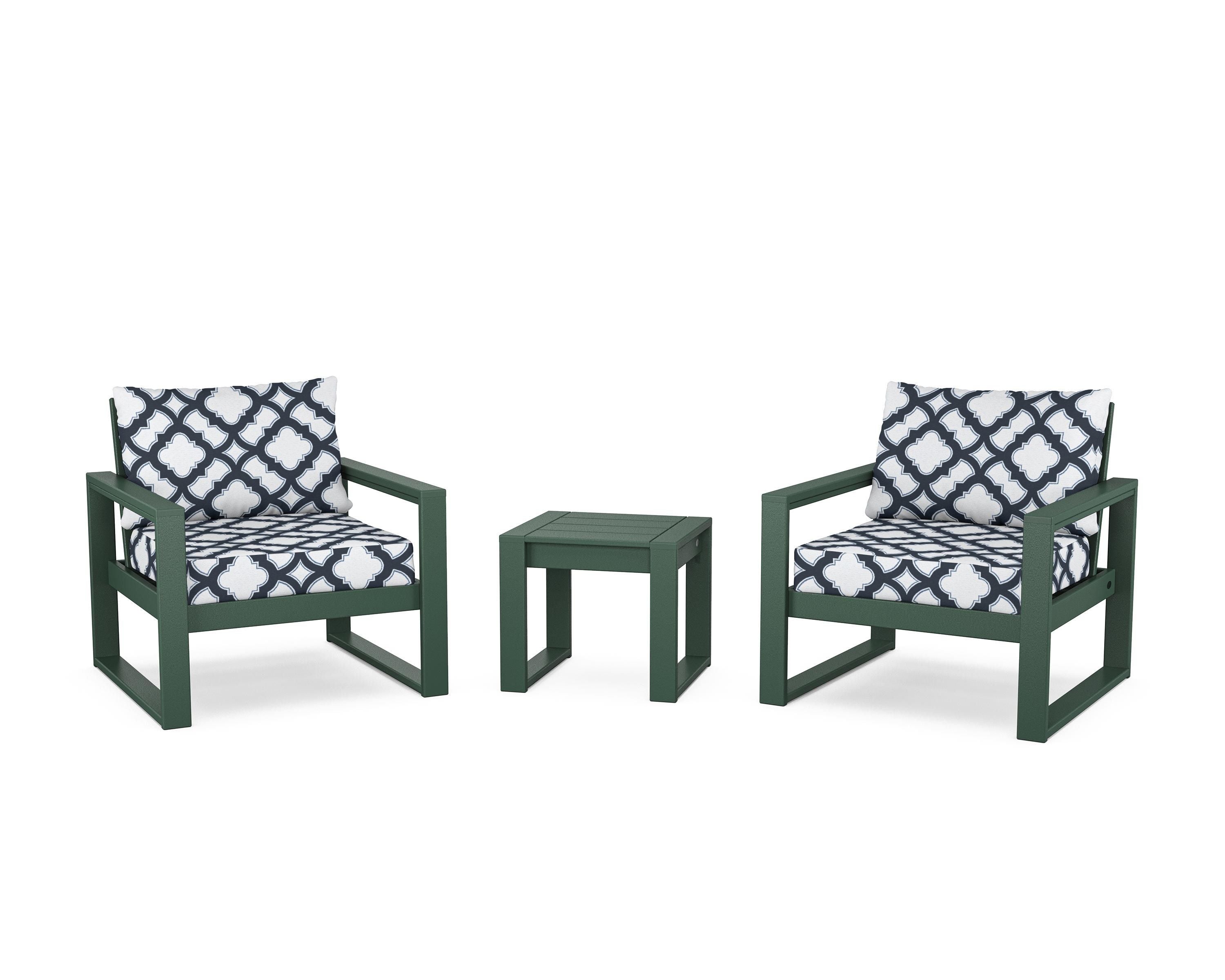 POLYWOOD® EDGE Sectional 3-Piece Deep Seating Set in Green / Trellis Marine Indigo