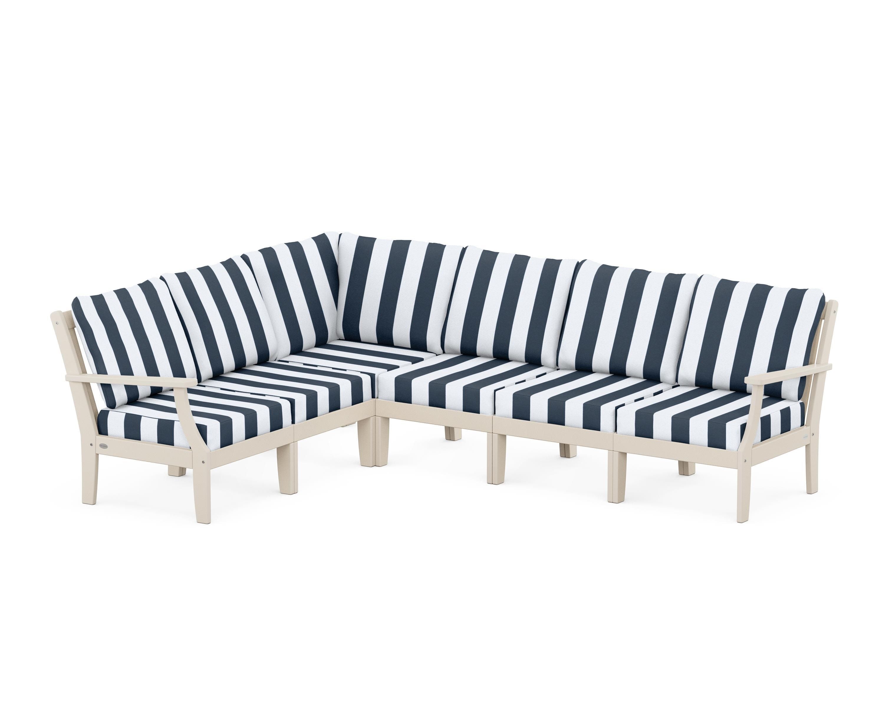 POLYWOOD® Braxton Modular 6-Piece Deep Seating Set in Sand / Cabana Stripe Marine Indigo