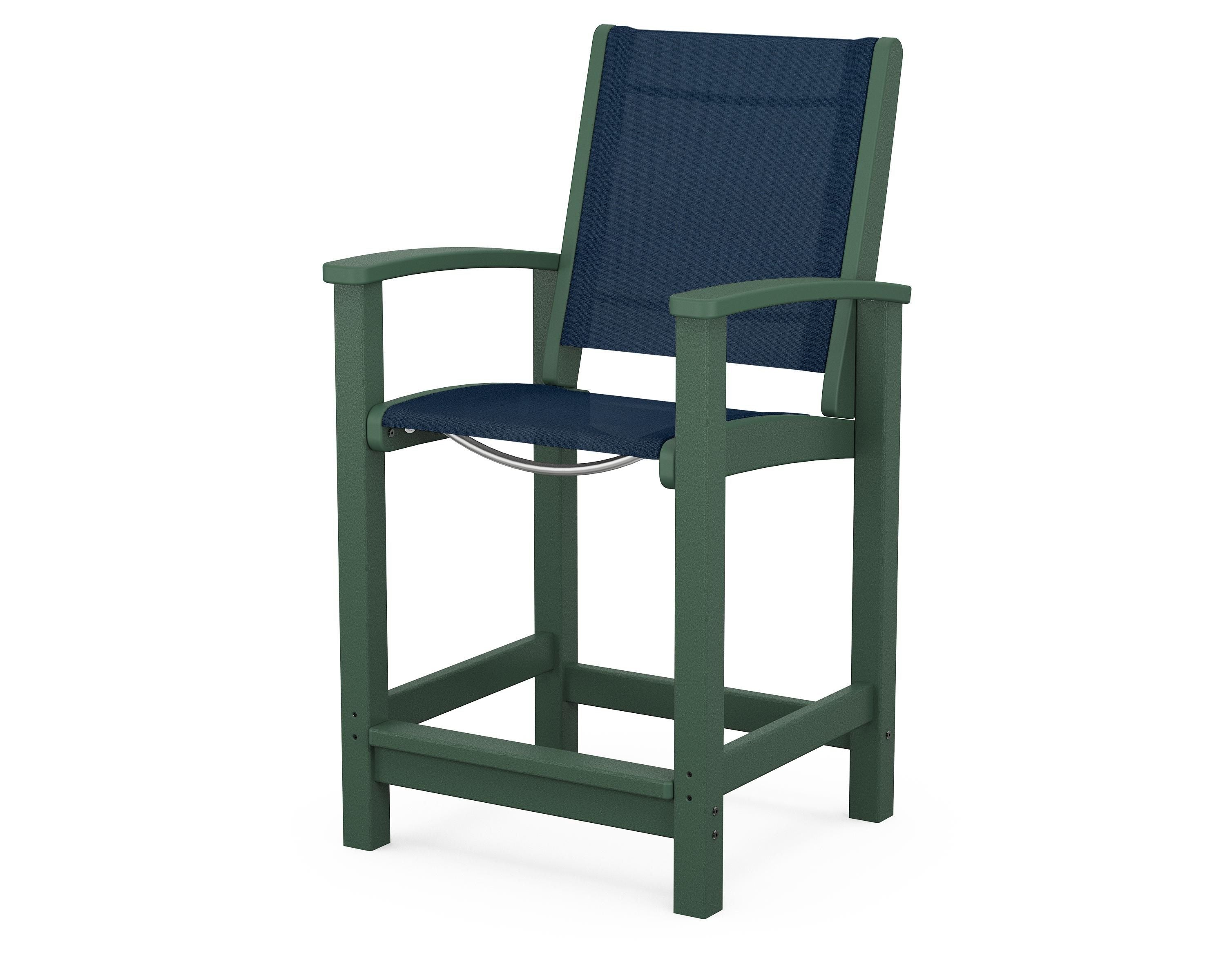 POLYWOOD® Coastal Counter Chair in Green / Navy Blue Sling